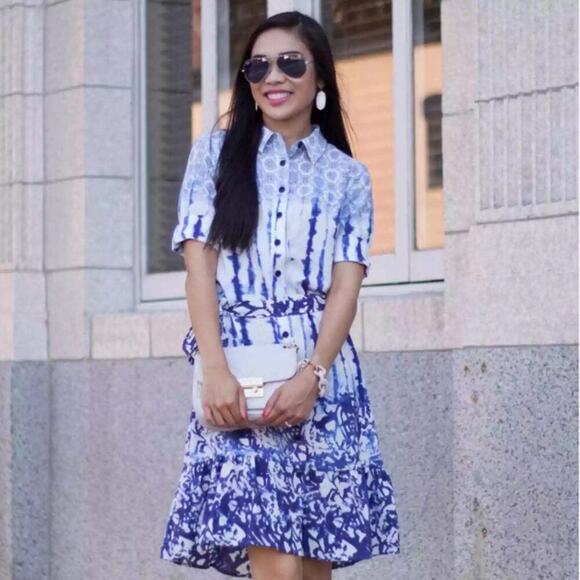 Peter Som Splatter Belted Shirt Dress Blue Combo Size 8 - Picture 2 of 9